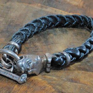 Gaboratory Sterling Silver & Leather Single Dog Bracelet 9" 1990s